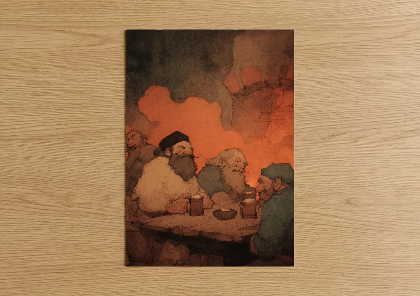 Fireside Dwarves Gathering Illustration Wall Art