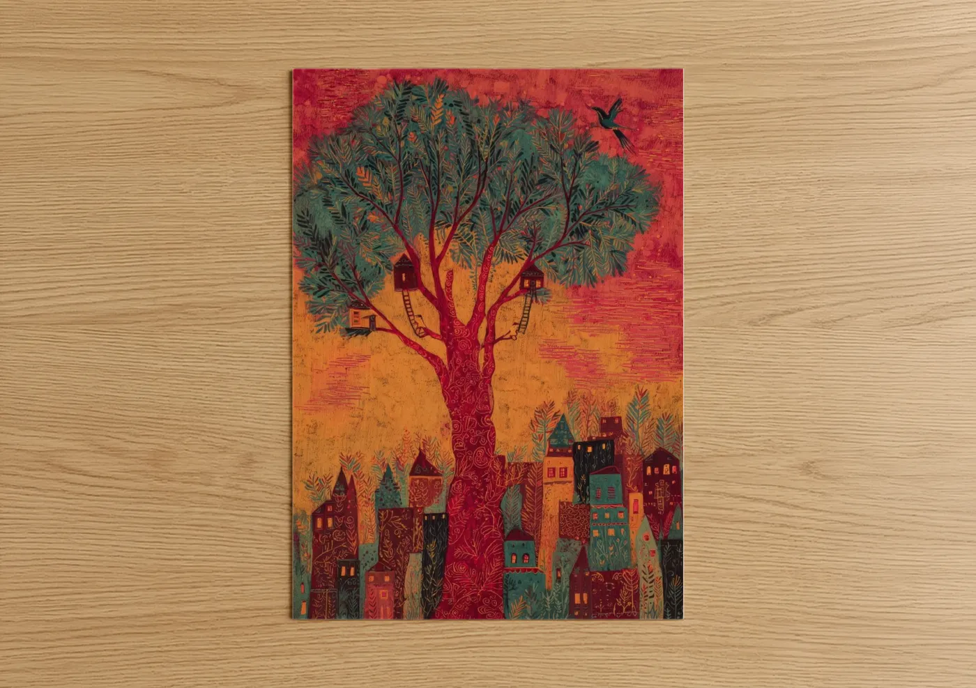 Crimson Banyan Tree Village Fantasy Wall Art