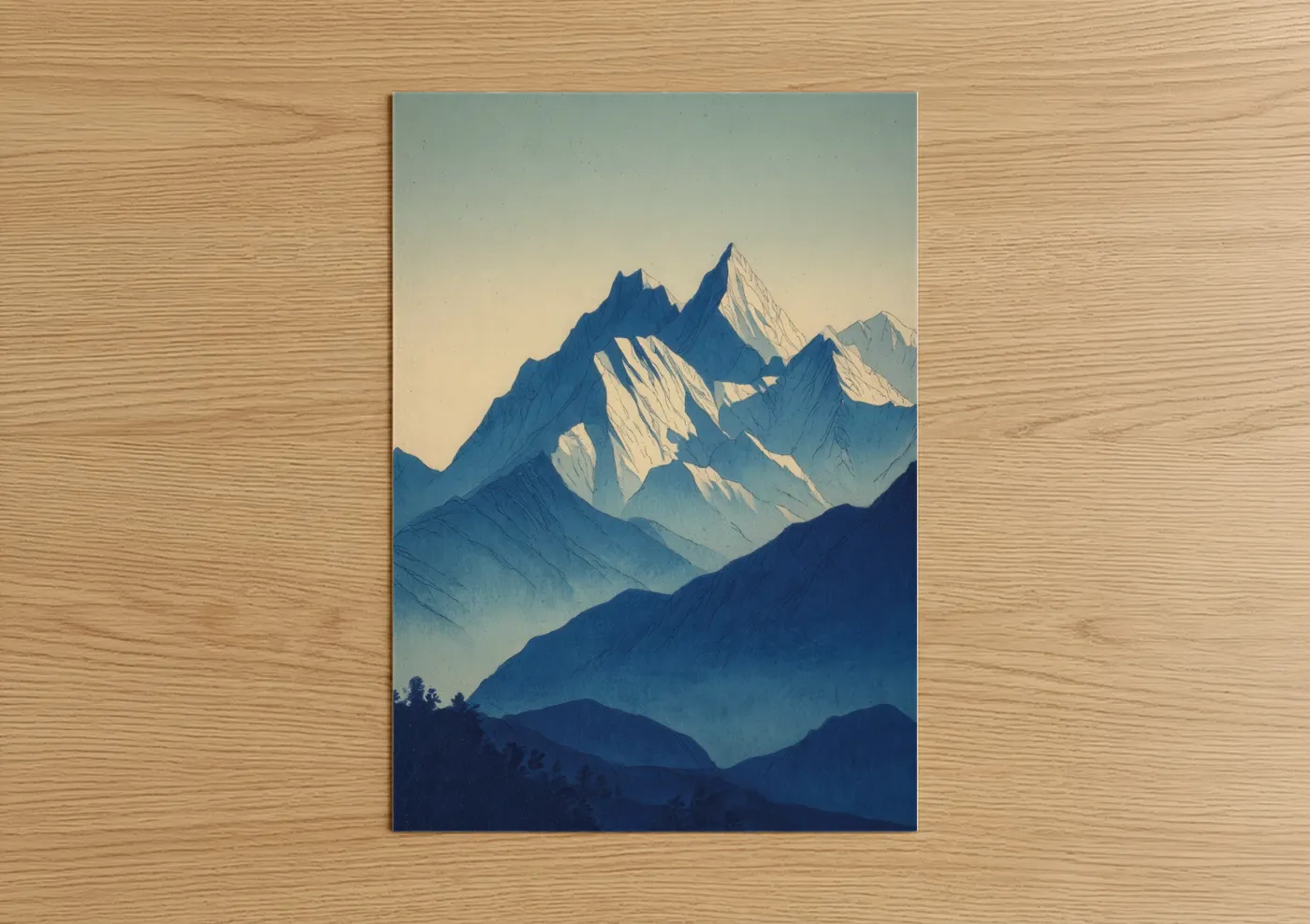 Mount everest art print on warm oak wood — blue and white palette — Alpine Everest poster