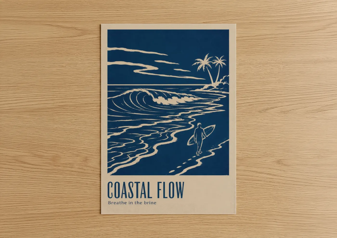 Surfing art print on warm oak wood — blue and beige palette — Tropical Surfer Ocean Wave Wall Art poster