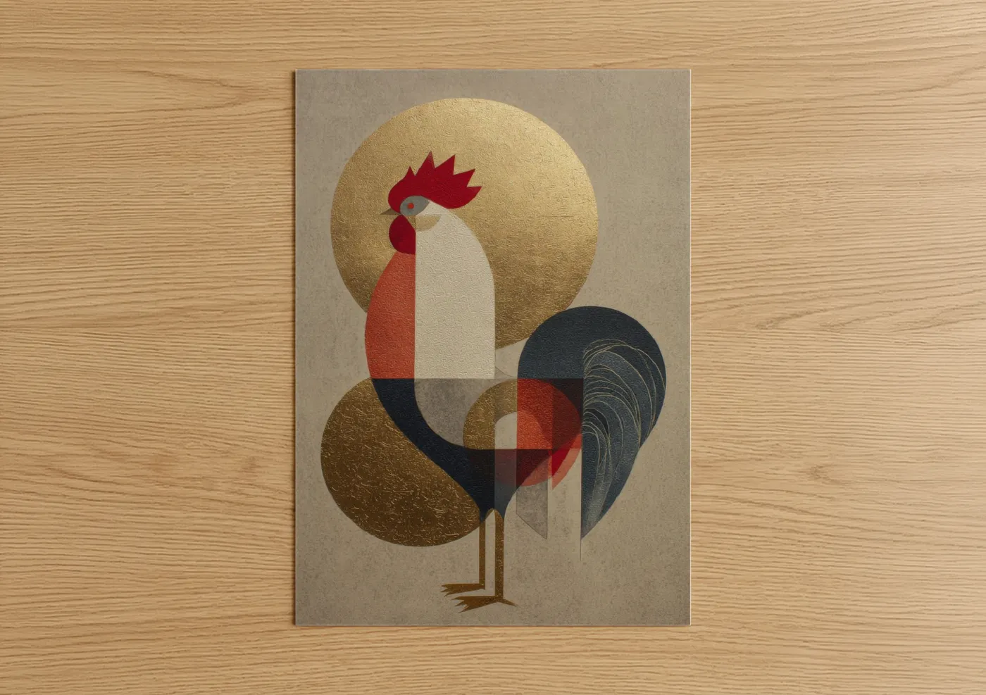 Chicken and roosters art print on warm oak wood — gold and red palette — Geometric Rooster poster