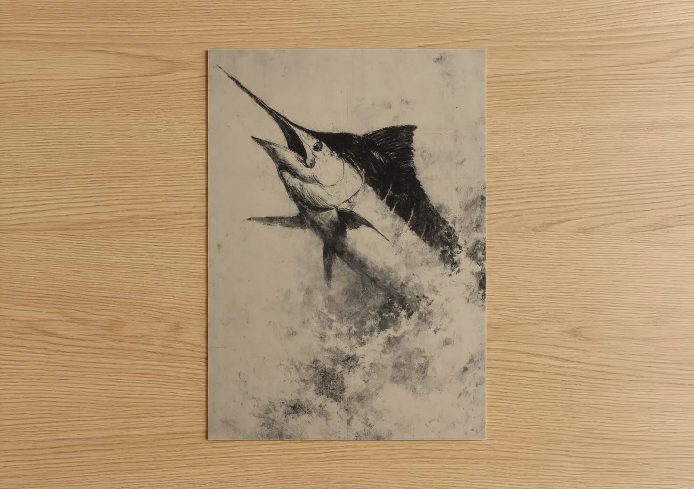 Art print on warm oak wood — black and white and cream palette — Marlin Strike poster