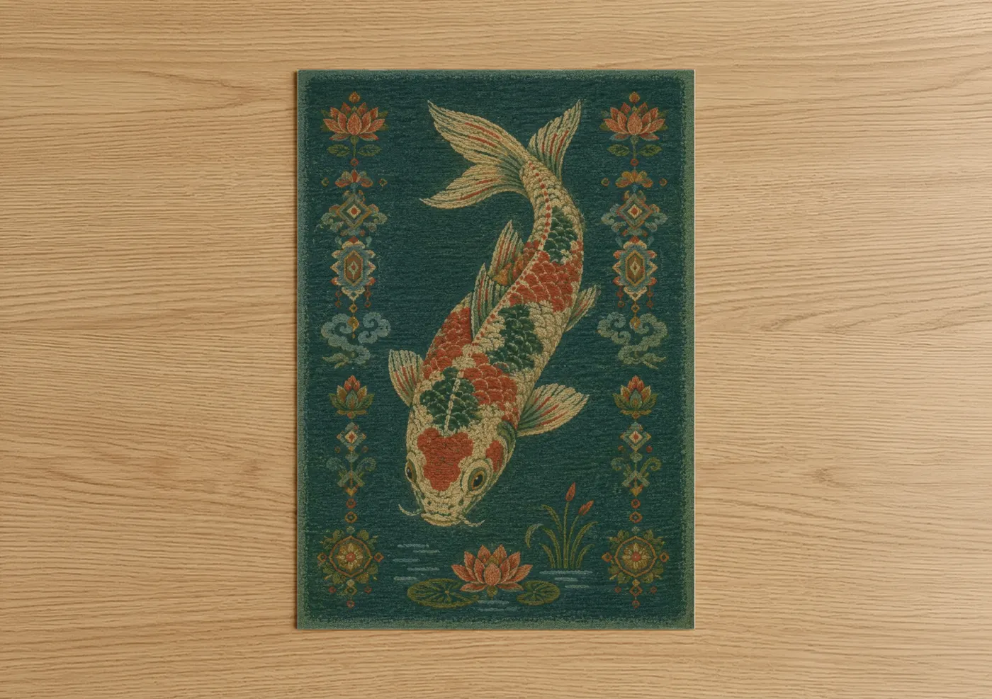 Art print on warm oak wood — teal and orange palette — Koi Fish With Lotus Wall Art poster