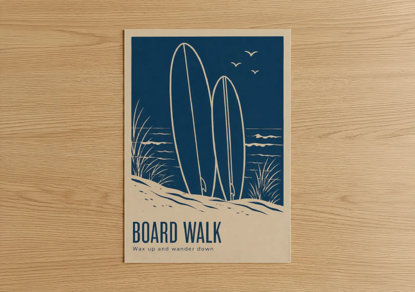 Surfing art print on warm oak wood — blue and beige palette — Vintage Surfboards Beach Scene Wall Art poster