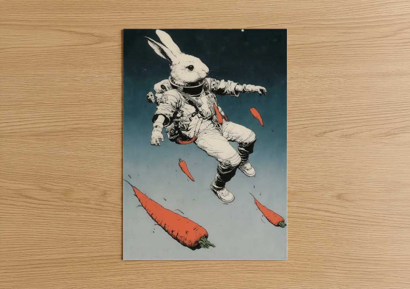 Art print on warm oak wood — black and white and teal palette — Astronaut Rabbit poster