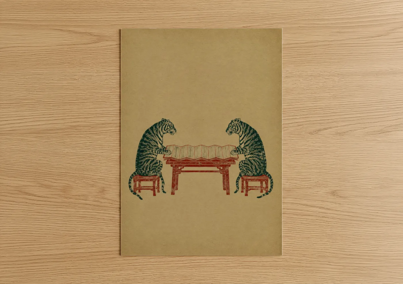 Art print on warm oak wood — beige and red palette — Japanese Tigers Game Wall Art poster