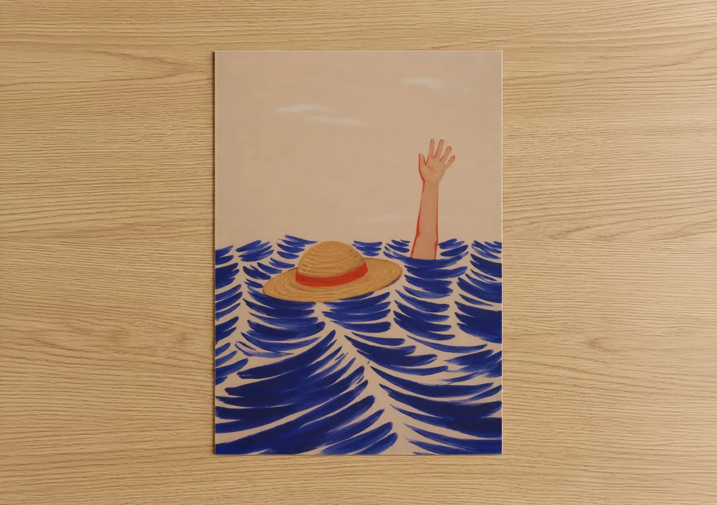 Seascapes and ocean art print on warm oak wood — blue and beige palette — Ocean Waves Swimmer Wall Art poster
