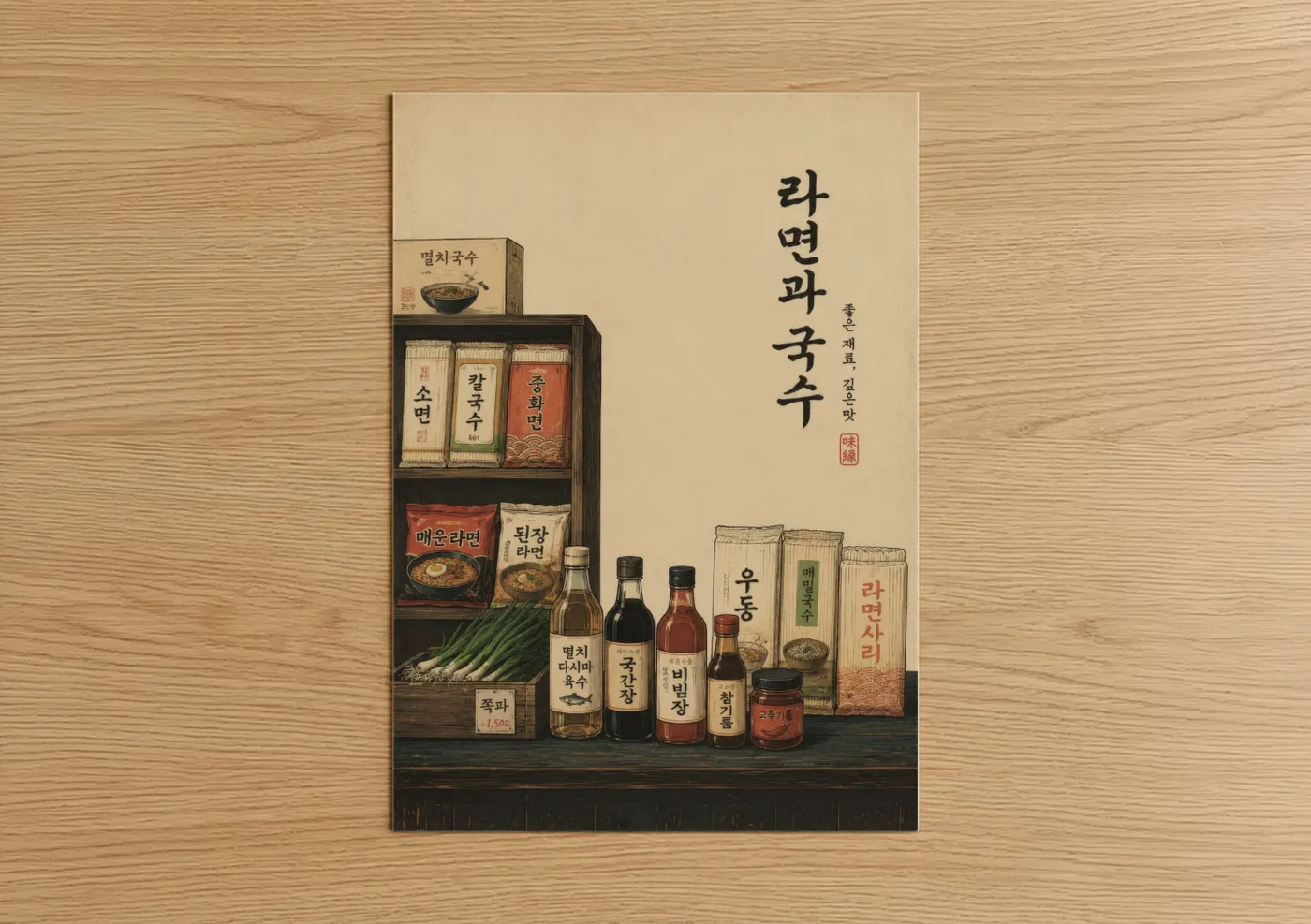 Condiments art print on warm oak wood — beige and cream palette — Korean Pantry Kitchen Wall Art poster