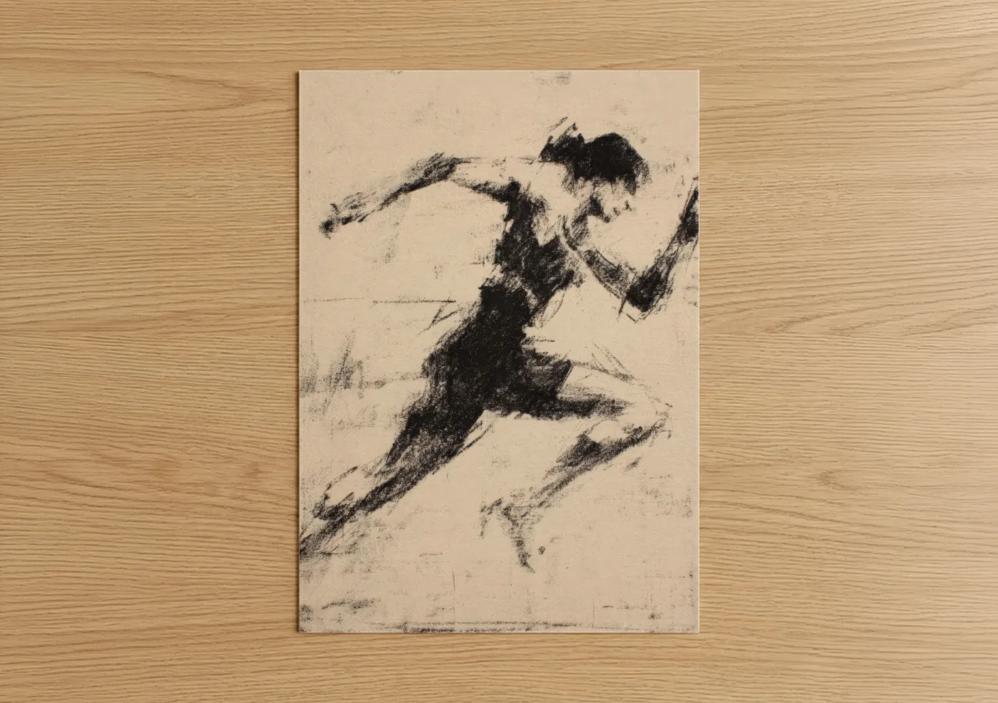 Running art print on warm oak wood — black and white and beige palette — Dynamic Runner poster