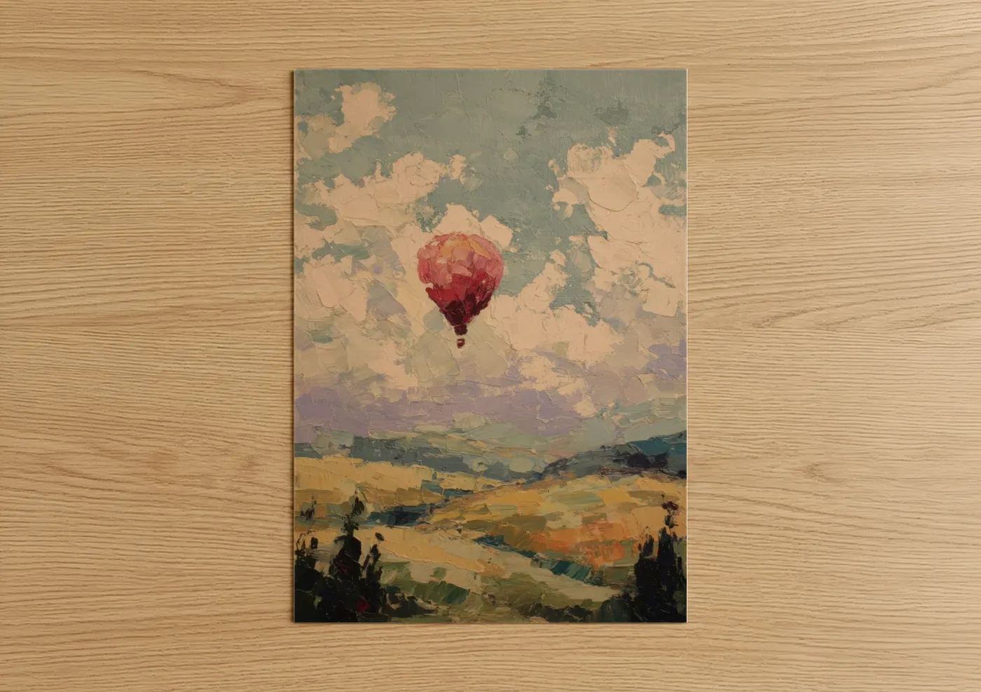 Hot air baloon art print on warm oak wood — gold and gray palette — Crimson Sky Balloon poster