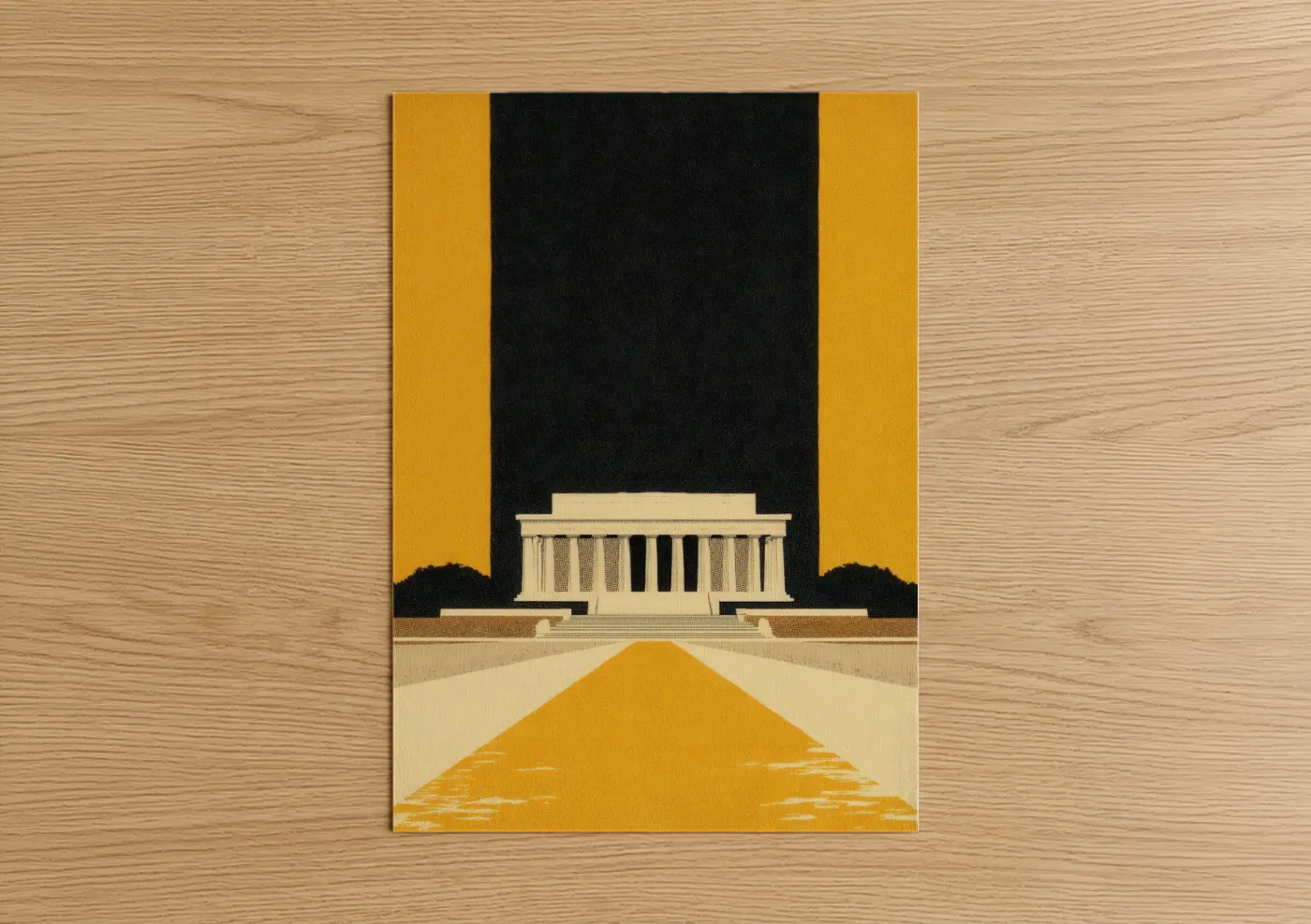 Art print on warm oak wood — gold and black palette — Golden Lincoln Memorial poster