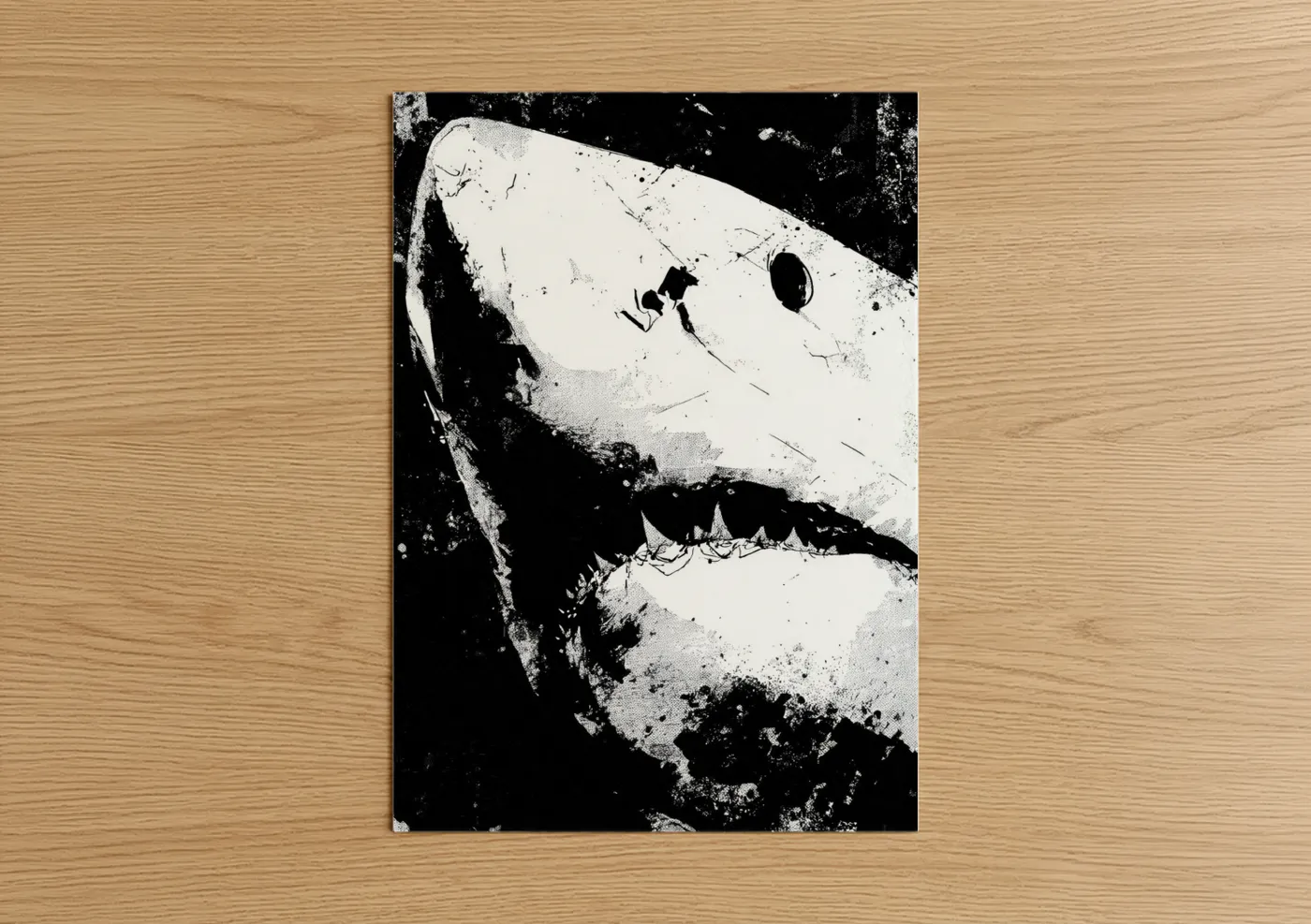 Bull shark art print on warm oak wood — black and white palette — Apex Predator poster
