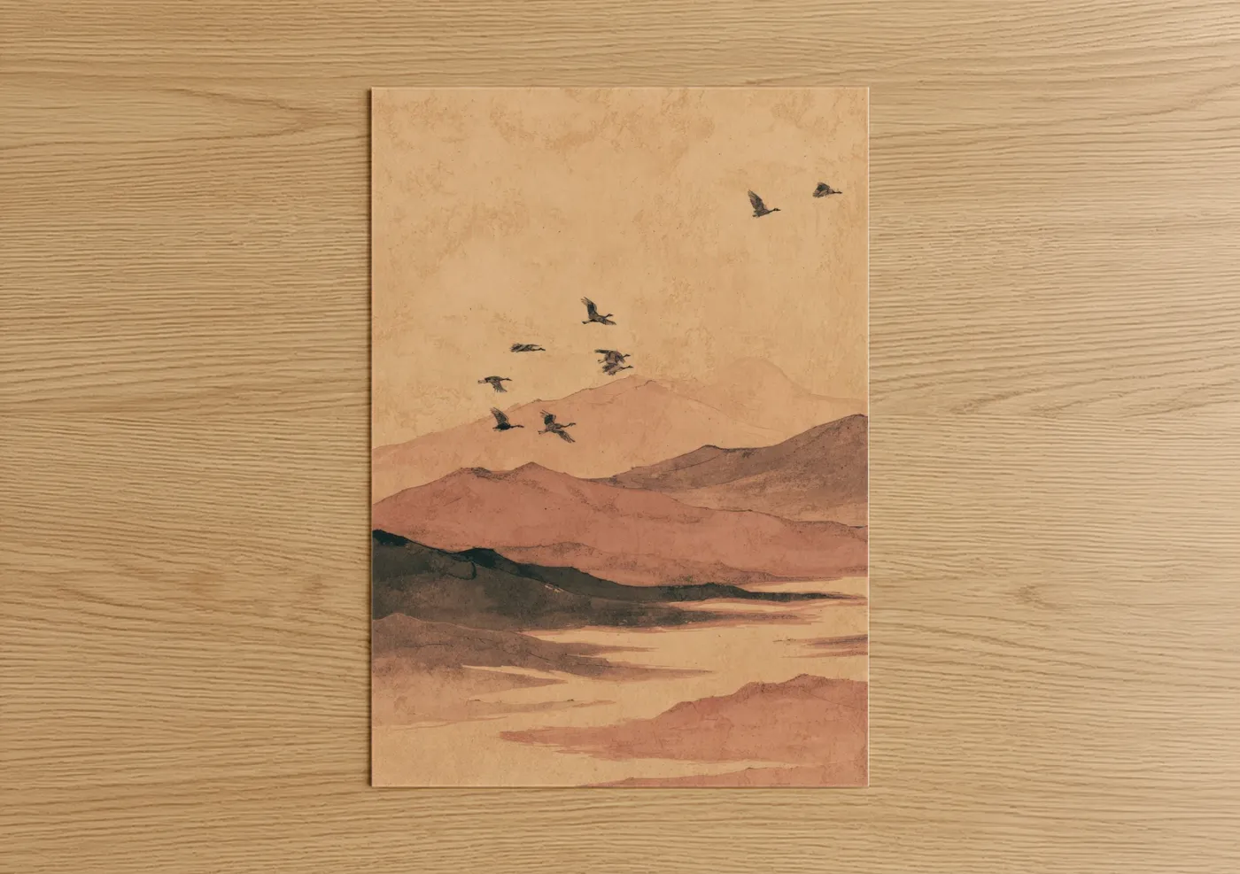 Dune art print on warm oak wood — gold and brown palette — Desert Migration poster