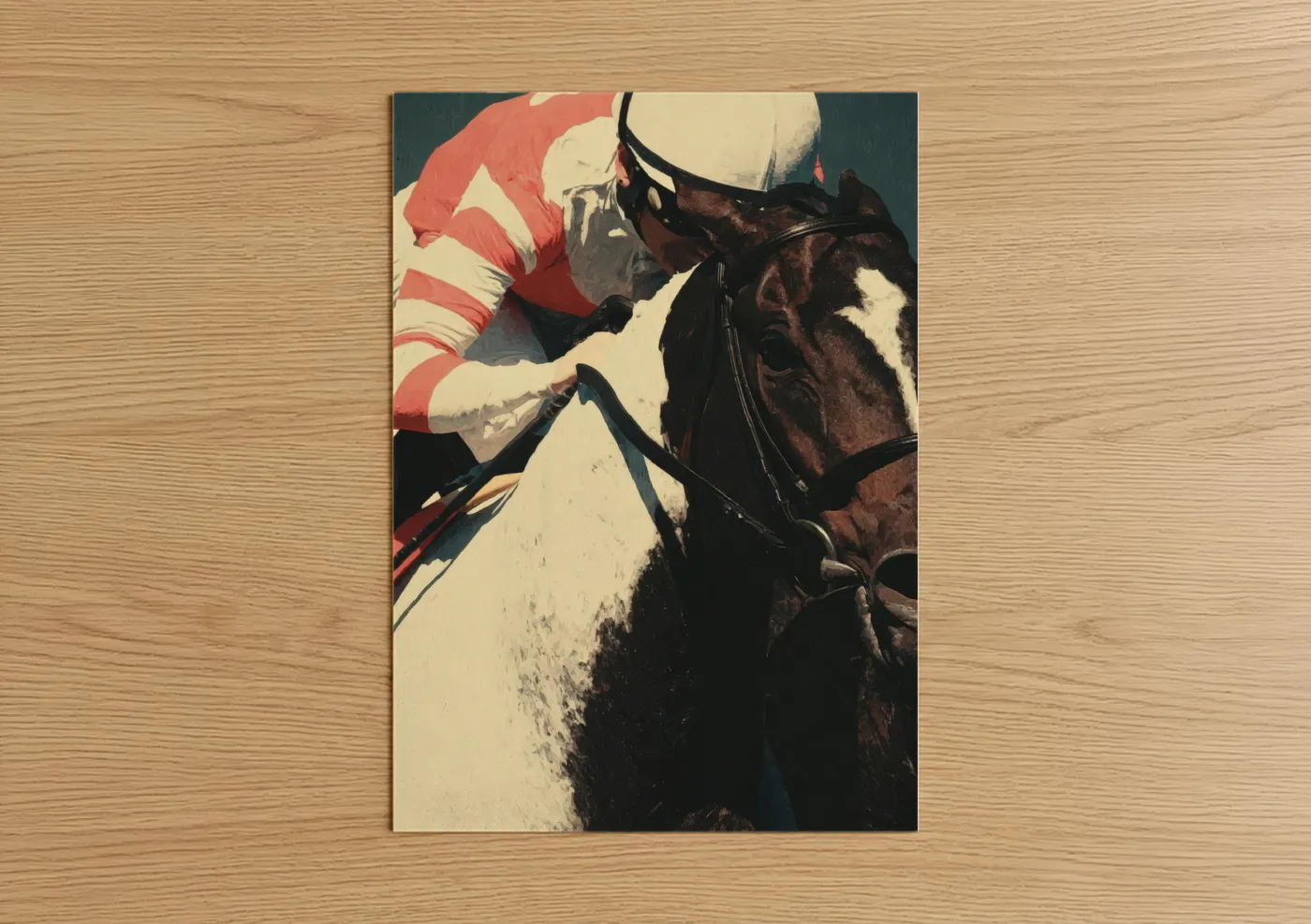 Horse racing art print on warm oak wood — red and black and white palette — Crimson Jockey poster
