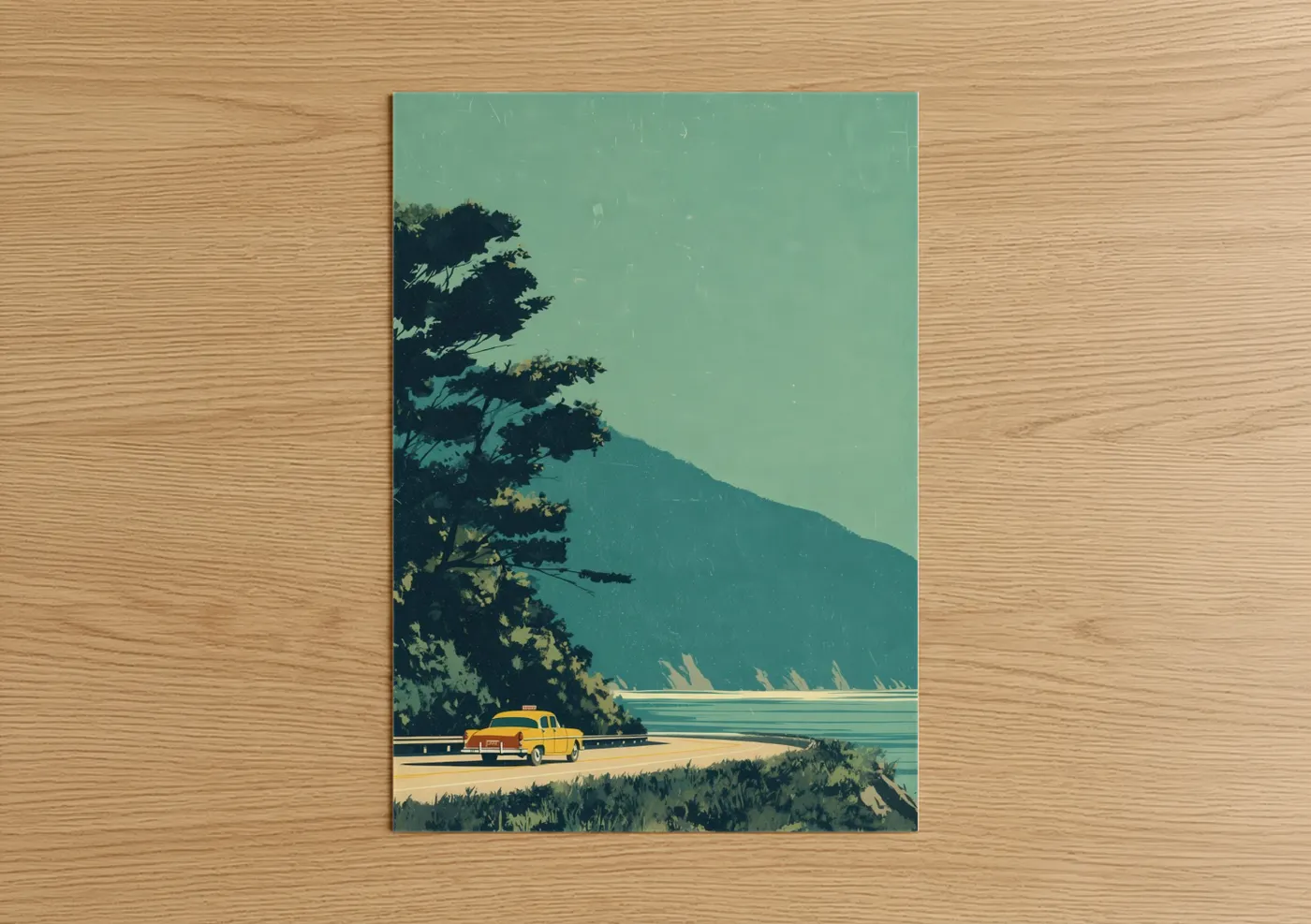 Taxi cab art print on warm oak wood — teal and sage green palette — Lakeside Taxi poster