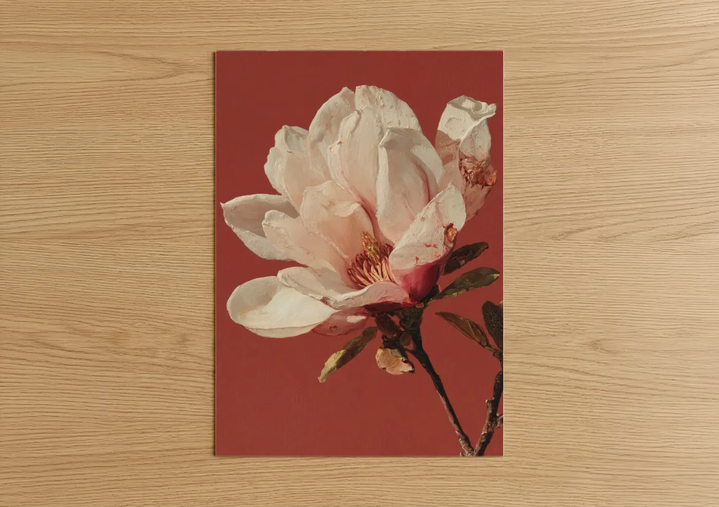 Cream Magnolia Blossom on Red Background Wall Art