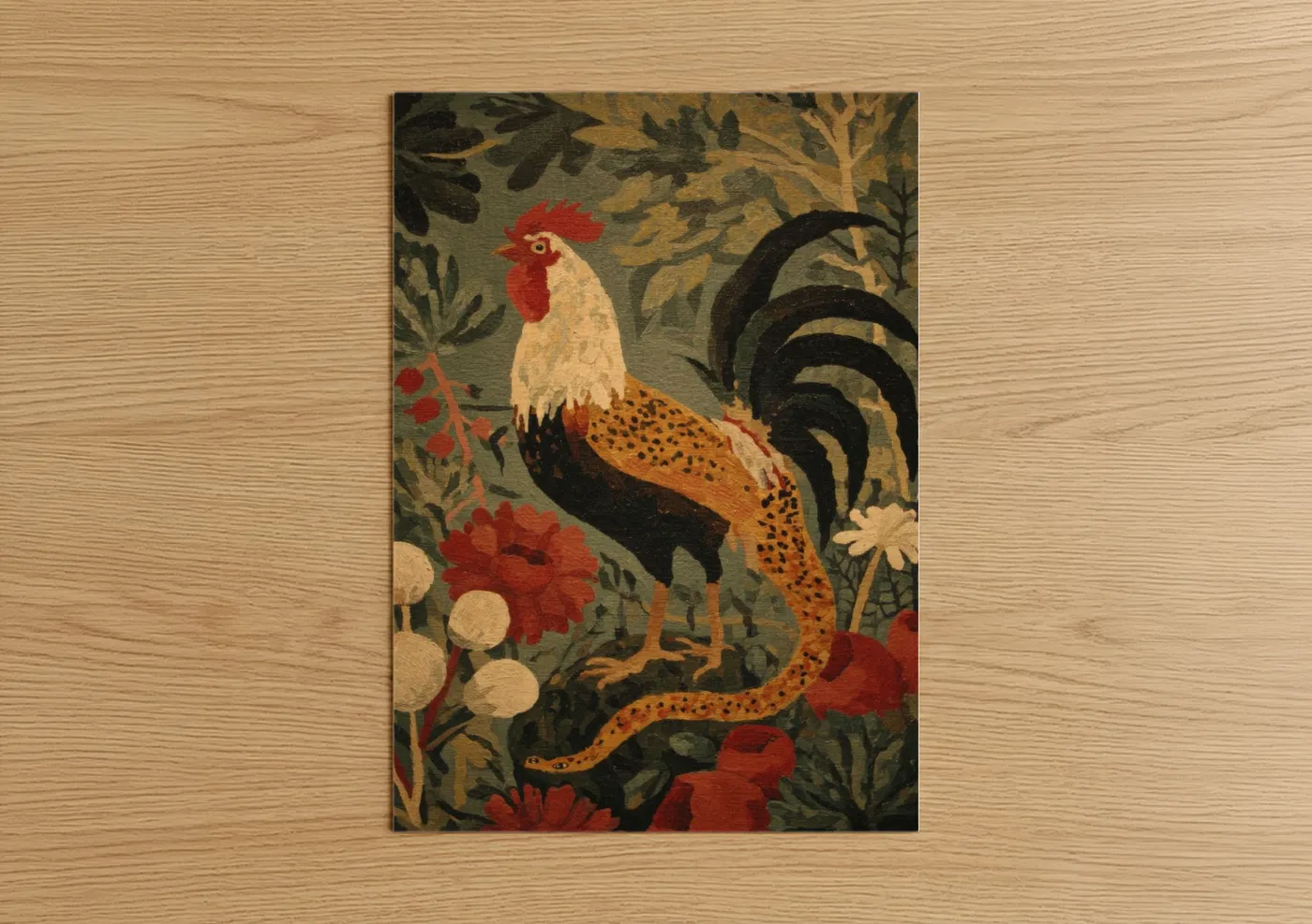 Art print on warm oak wood — gold and russet palette — Garden Chimera poster