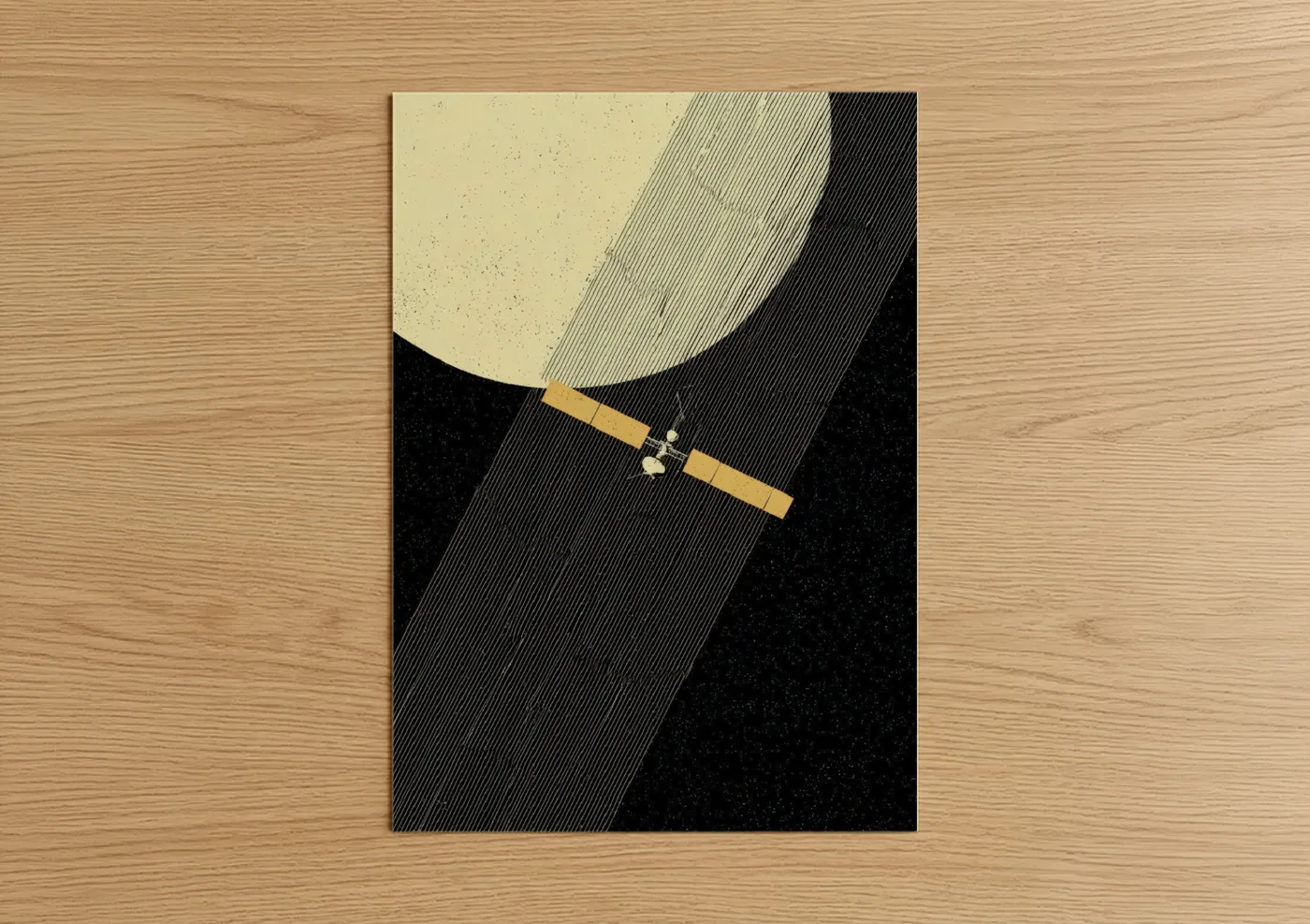Satellite art print on warm oak wood — cream and black and gold palette — Orbital Sentinel poster