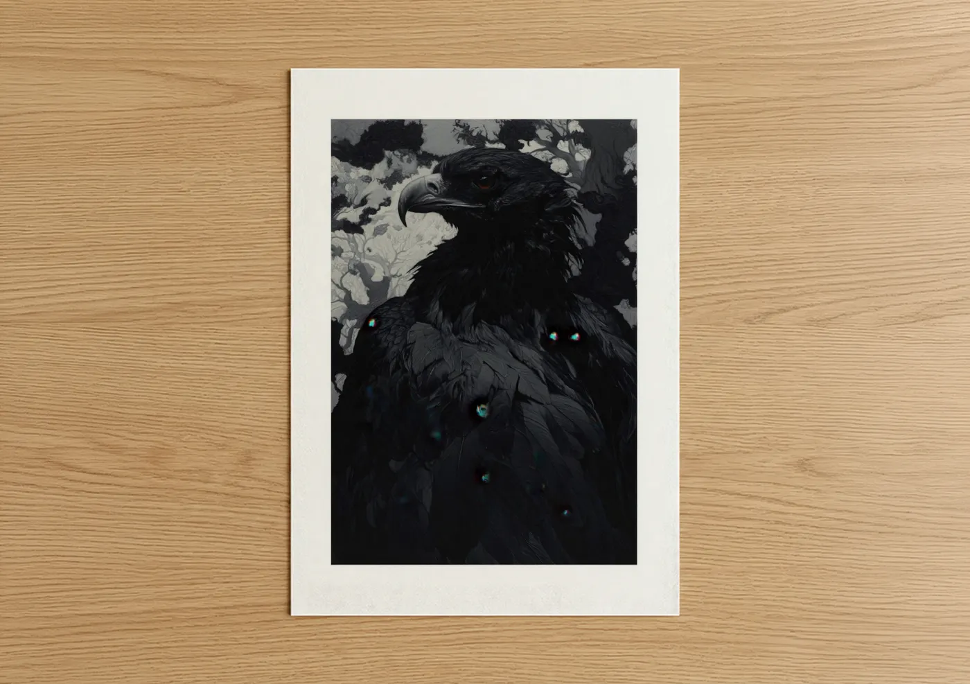 Art print on warm oak wood — black and teal palette — Mystic Eagle poster