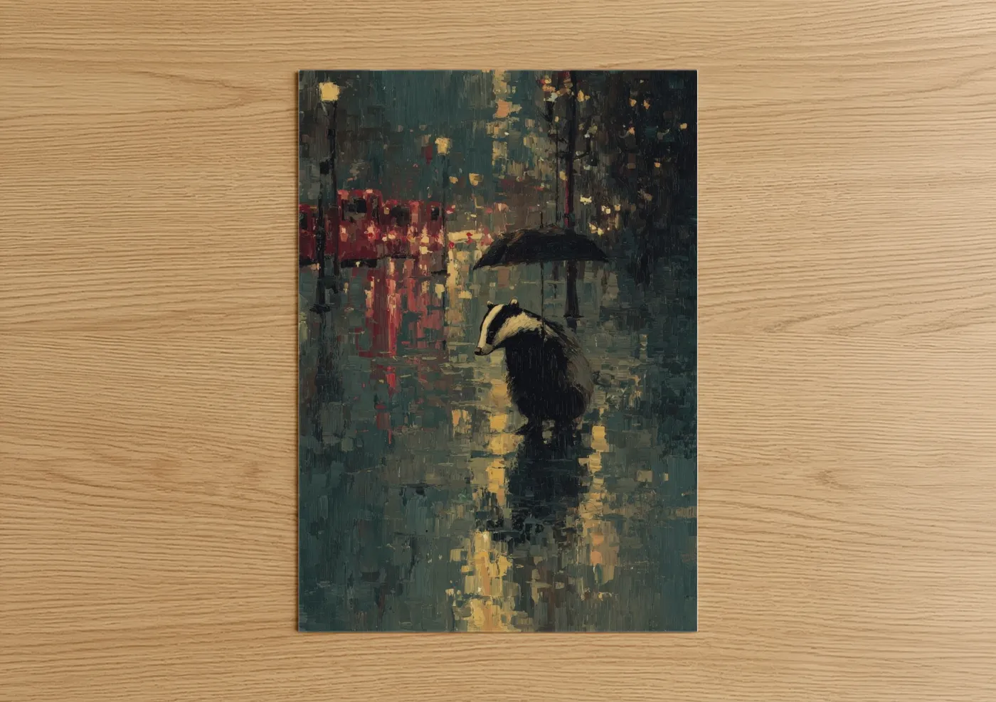 Art print on warm oak wood — teal and gold palette — Rainy Badger poster