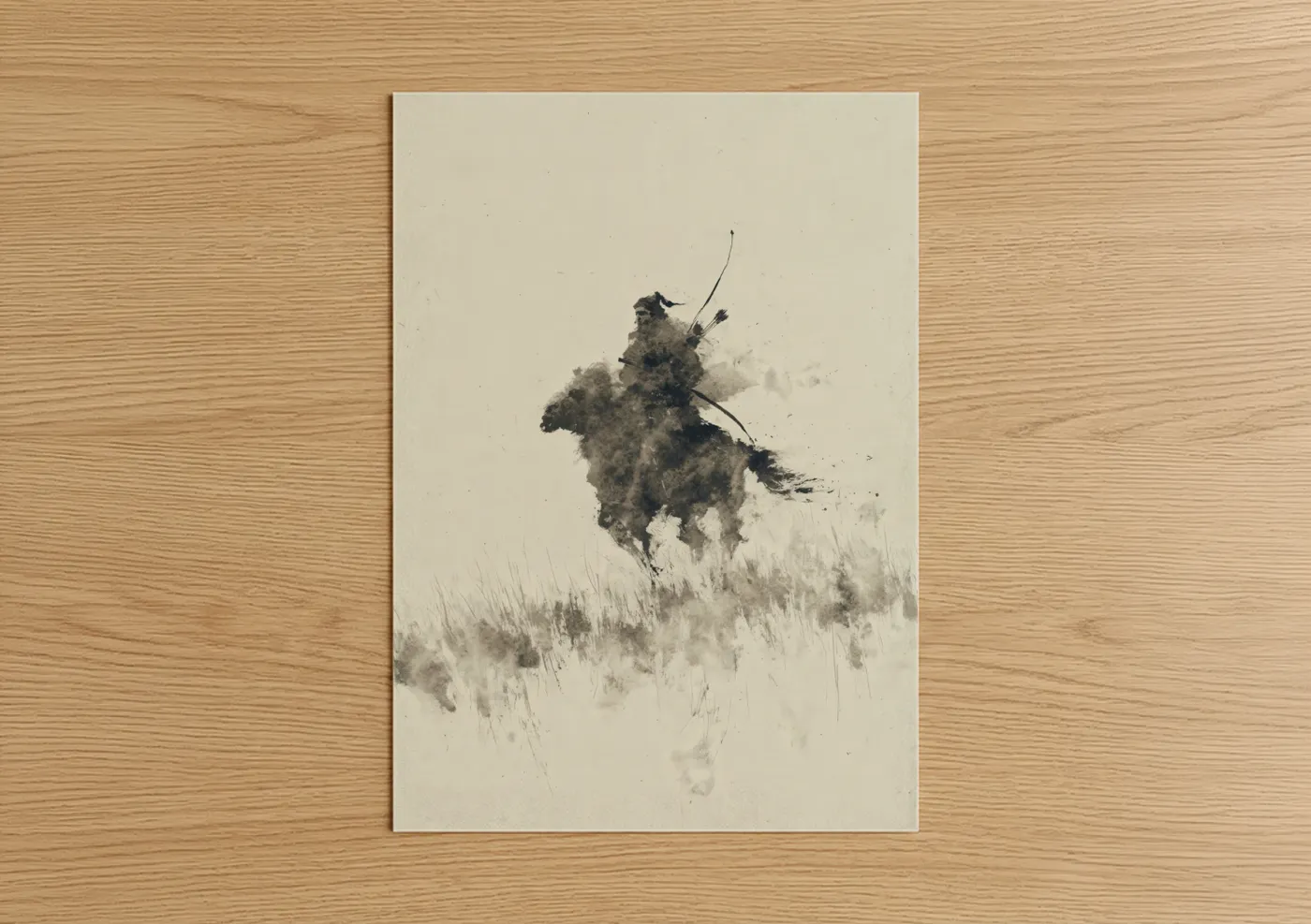 Horseback art print on warm oak wood — black and white and gray palette — Mounted Archer poster