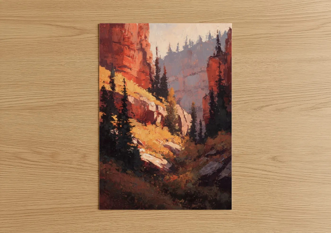 Art print on warm oak wood — red and gold palette — Crimson Canyon Passage poster