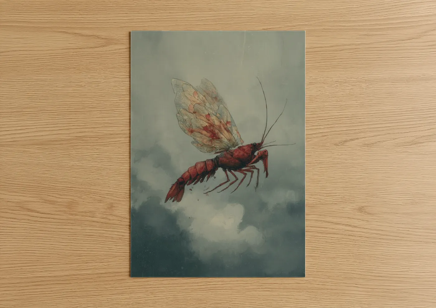 Crimson Crayfish Watercolor Fantasy Wall Art