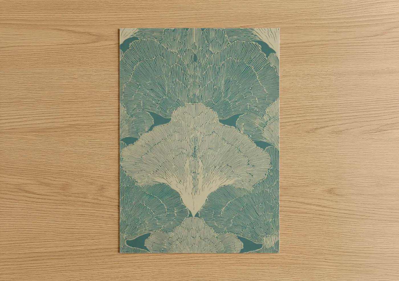 Art print on warm oak wood — teal and cream palette — Teal Coral Symmetry poster