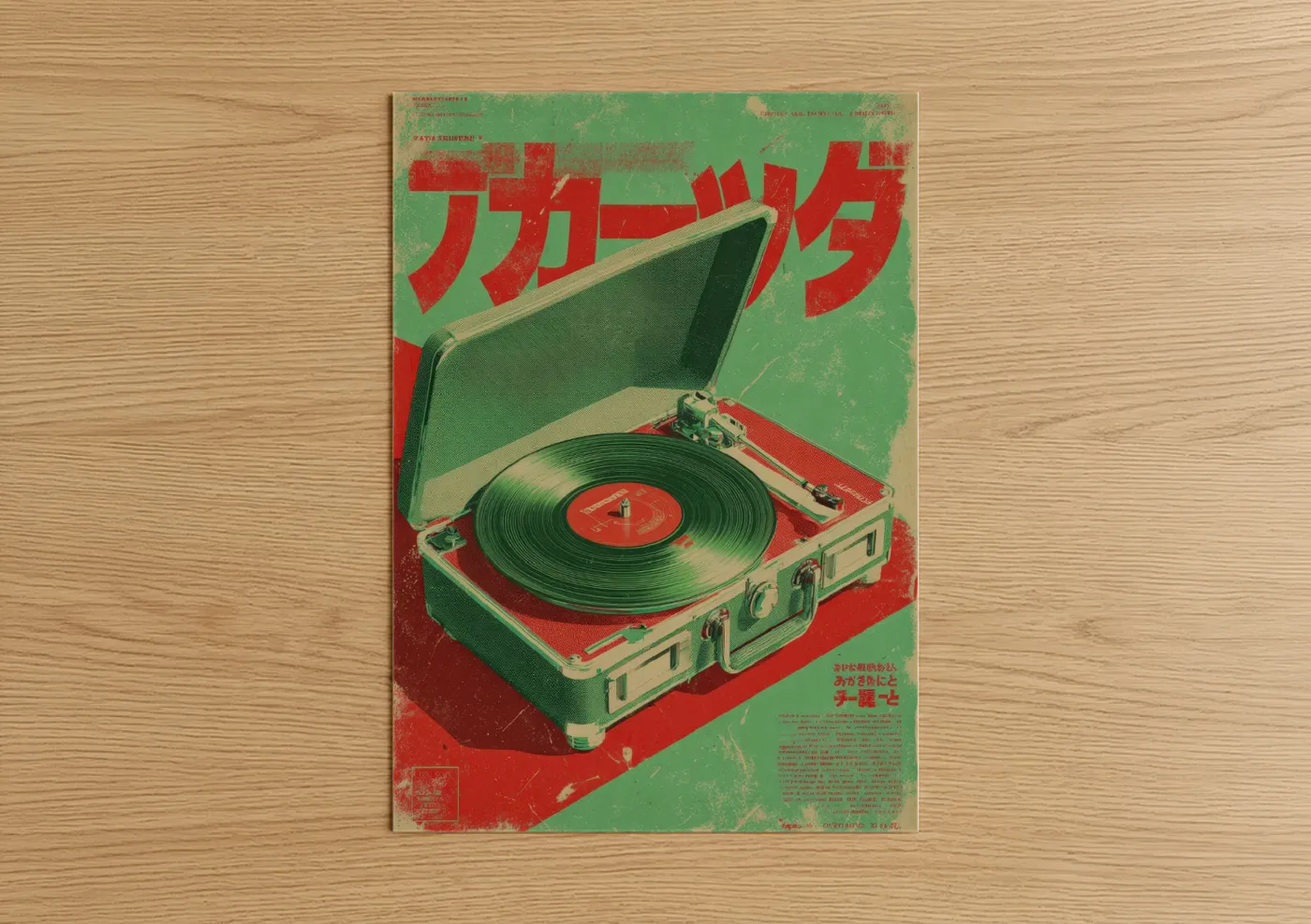 Vintage japanese ads art print on warm oak wood — red and green palette — Retro Turntable poster