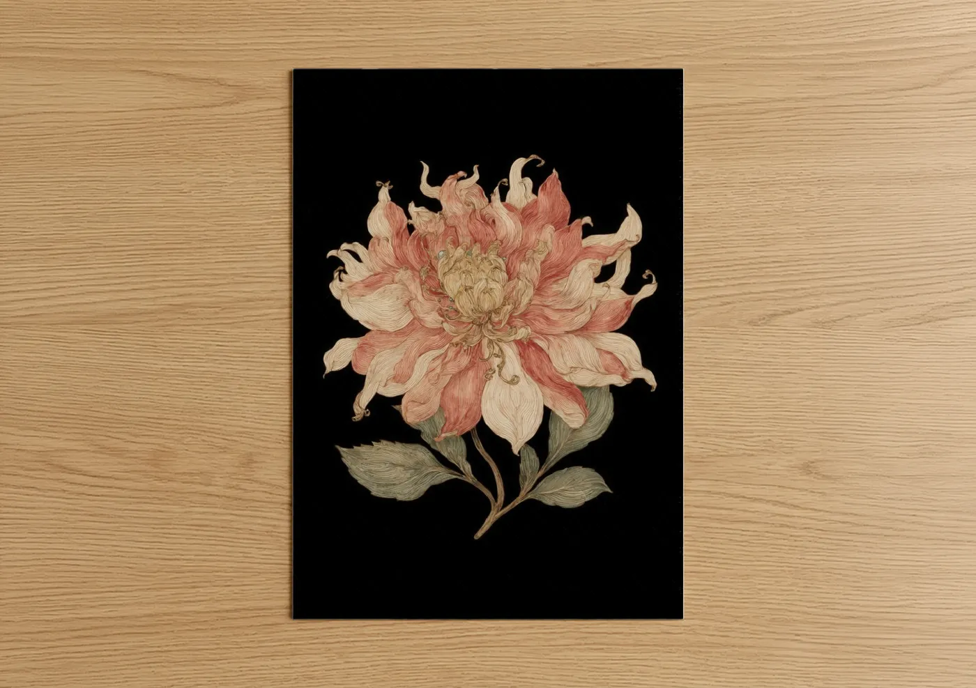 Art print on warm oak wood — salmon pink and cream palette — Coral Dahlia Bloom poster