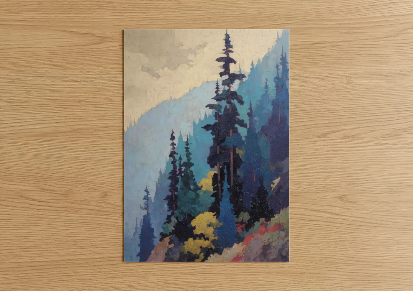 Forest trees art print on warm oak wood — blue and cream palette — Misty Forest Landscape poster