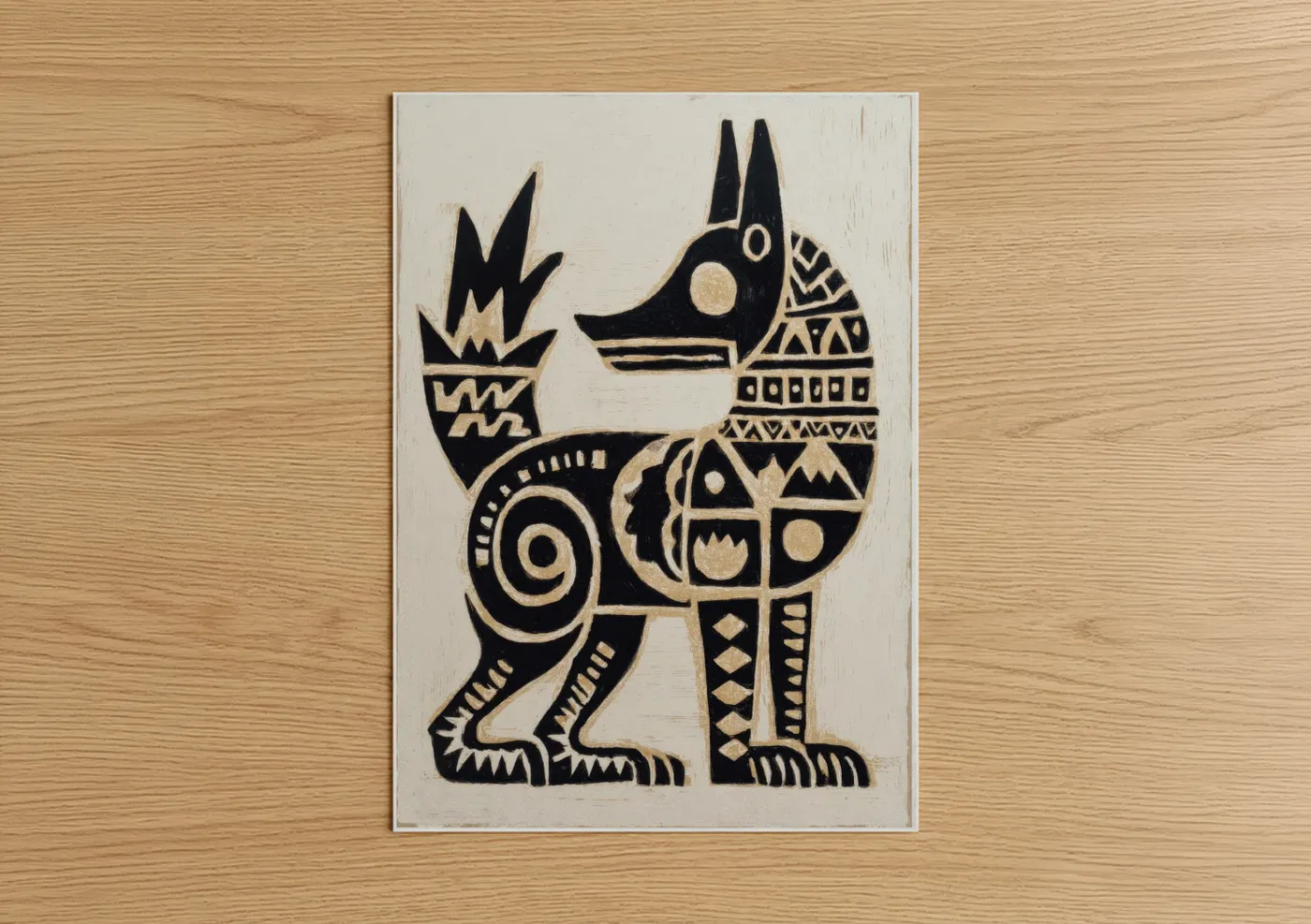 Abstract traditional art print on warm oak wood — black and white and cream palette — Geometric Llama poster