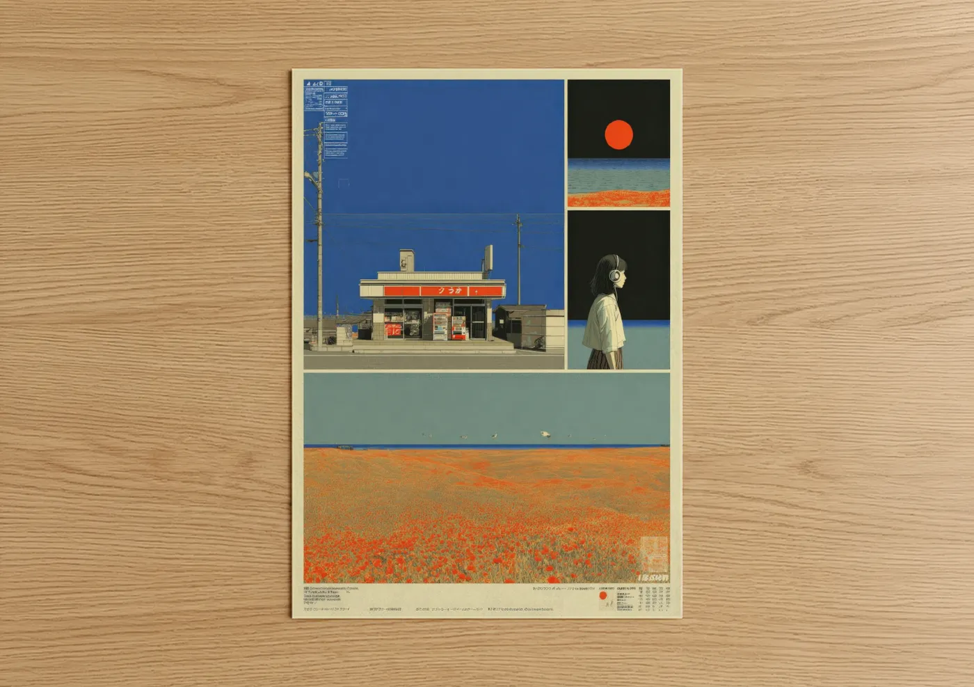 Japanese y2k art print on warm oak wood — blue and orange palette — Neon Poppy Field poster