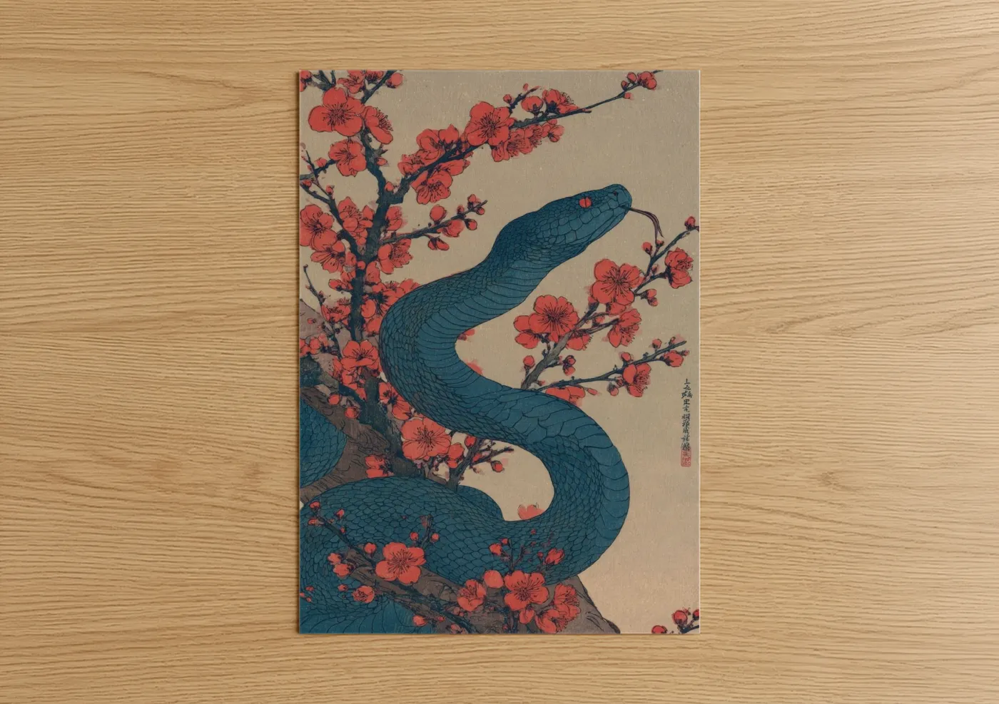 Blossom Cobra Japanese Woodblock Wall Art