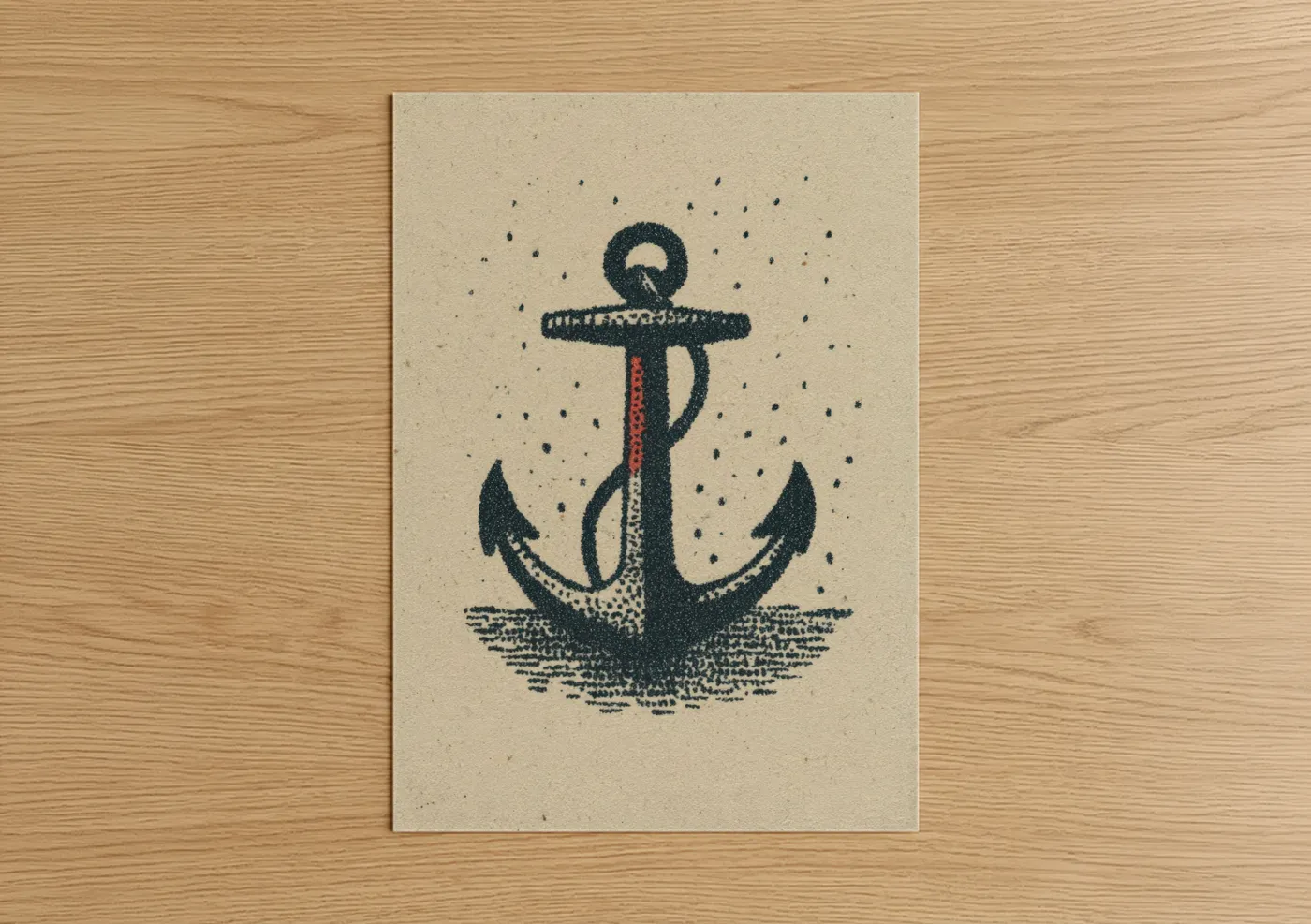 Art print on warm oak wood — cream palette — Vintage Anchor poster