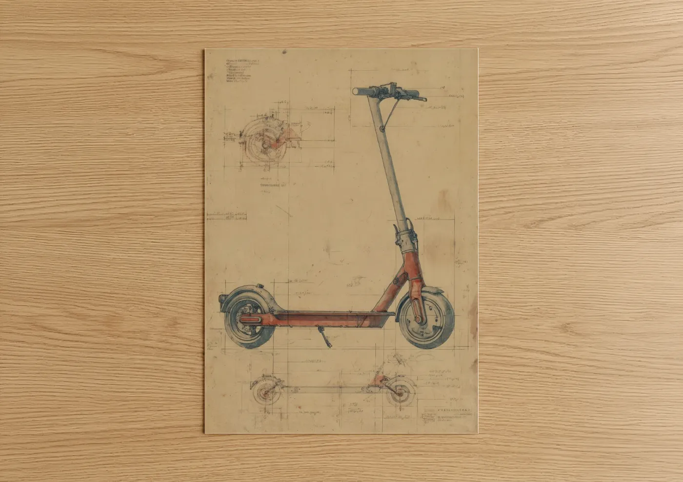 Art print on warm oak wood — beige and russet palette — Vintage Scooter Blueprint poster