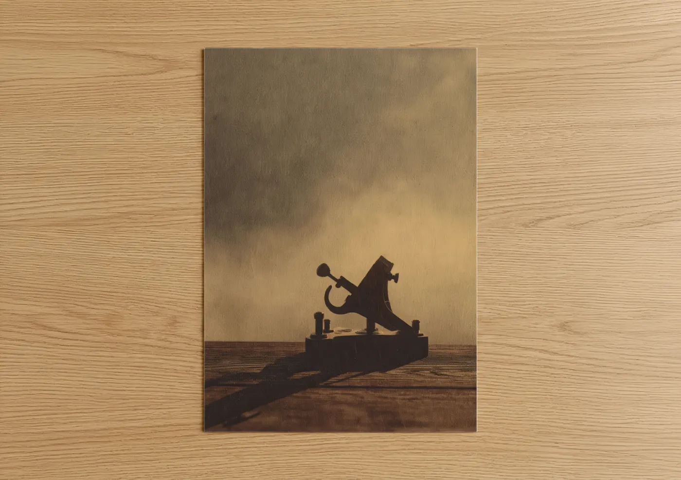Art print on warm oak wood — nobel and russet palette — Shadow Sextant poster