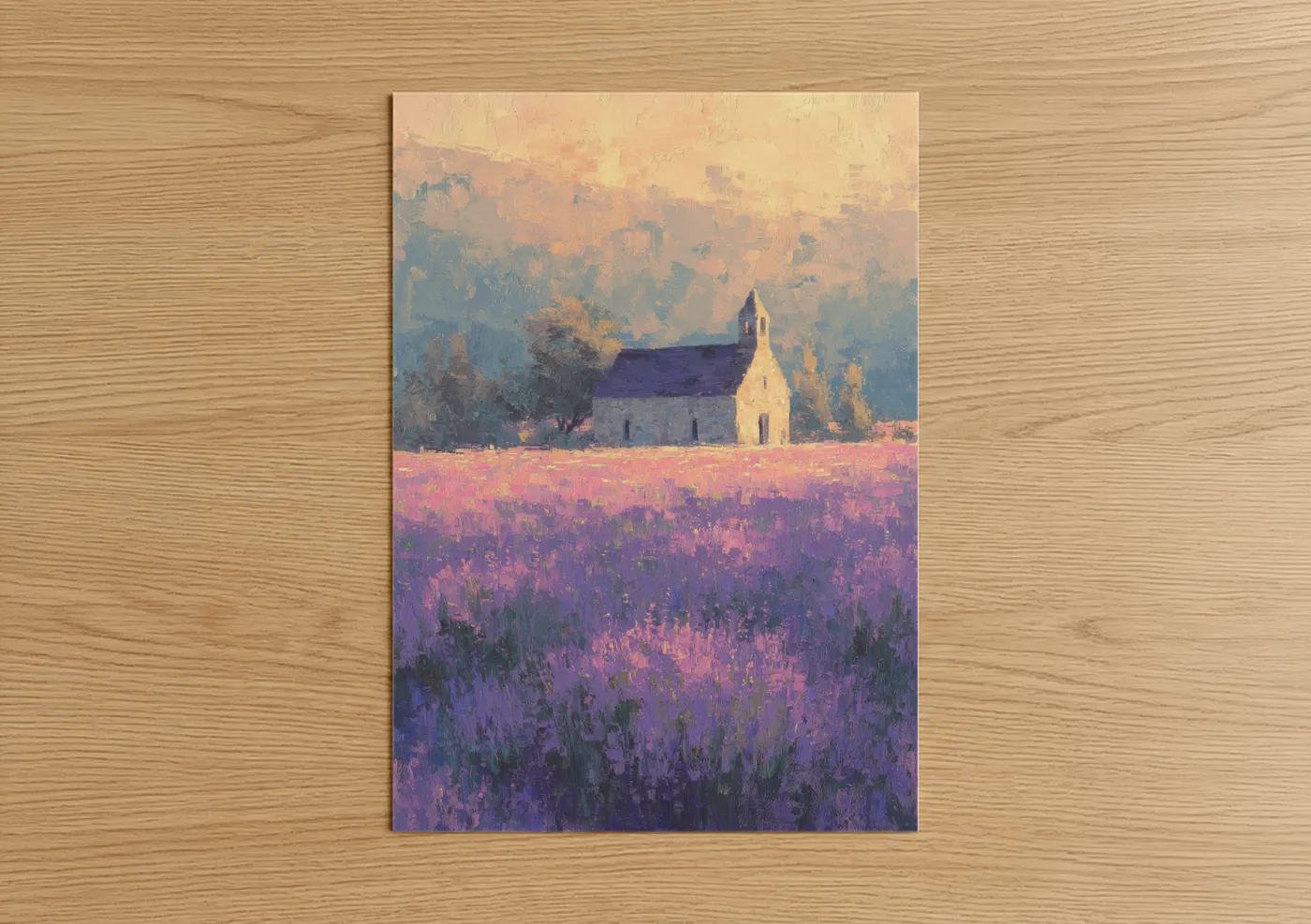 Churches and chapels art print on warm oak wood — purple and gold palette — Lavender Chapel poster