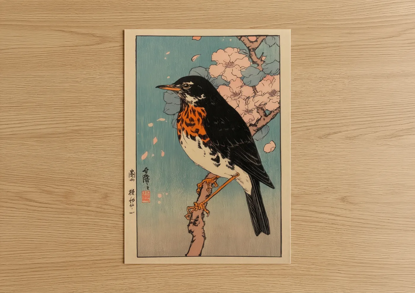 Orange-Breasted Thrush Woodblock Wall Art