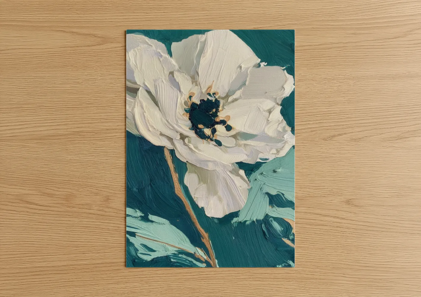 Abstract flower art print on warm oak wood — white and teal palette — Teal Blossom poster