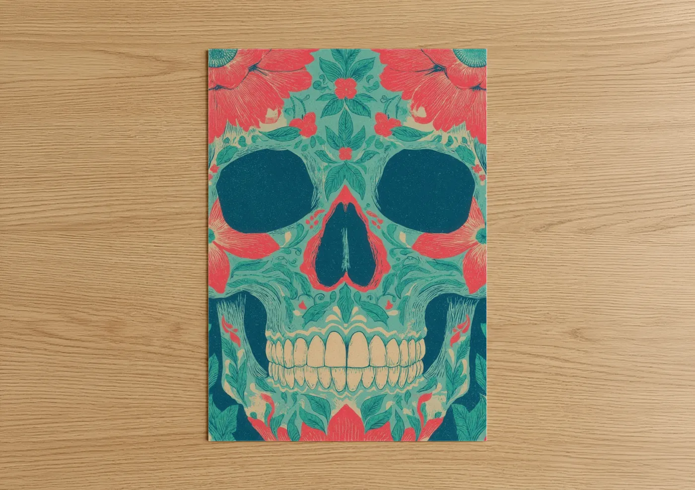 Dia de los muertos art print on warm oak wood — teal and salmon pink palette — Floral Skull poster