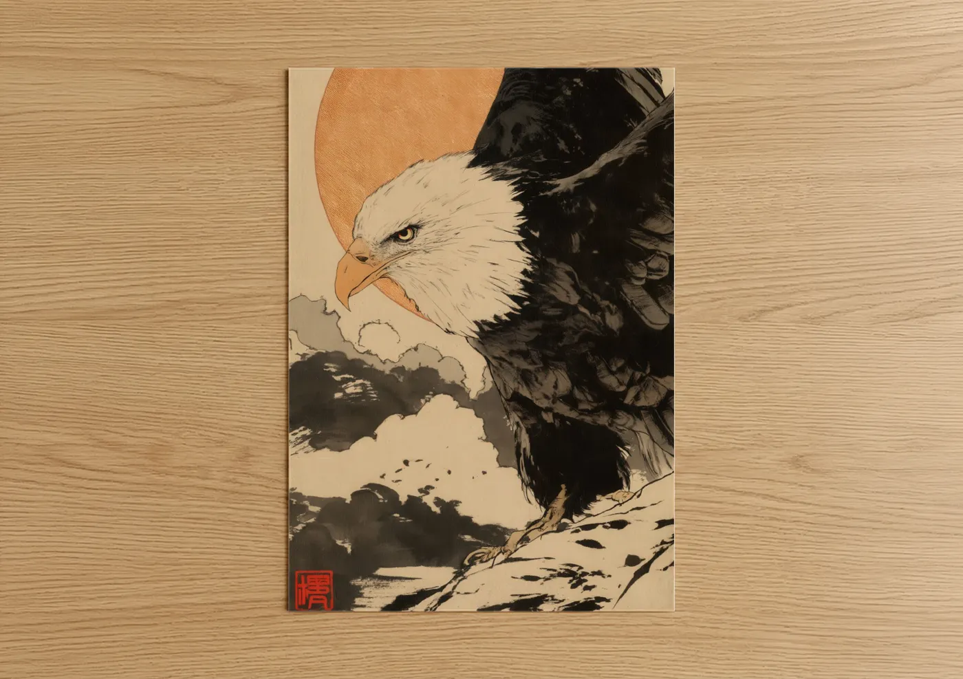 Art print on warm oak wood — black and white and champagne gold palette — Majestic Eagle poster