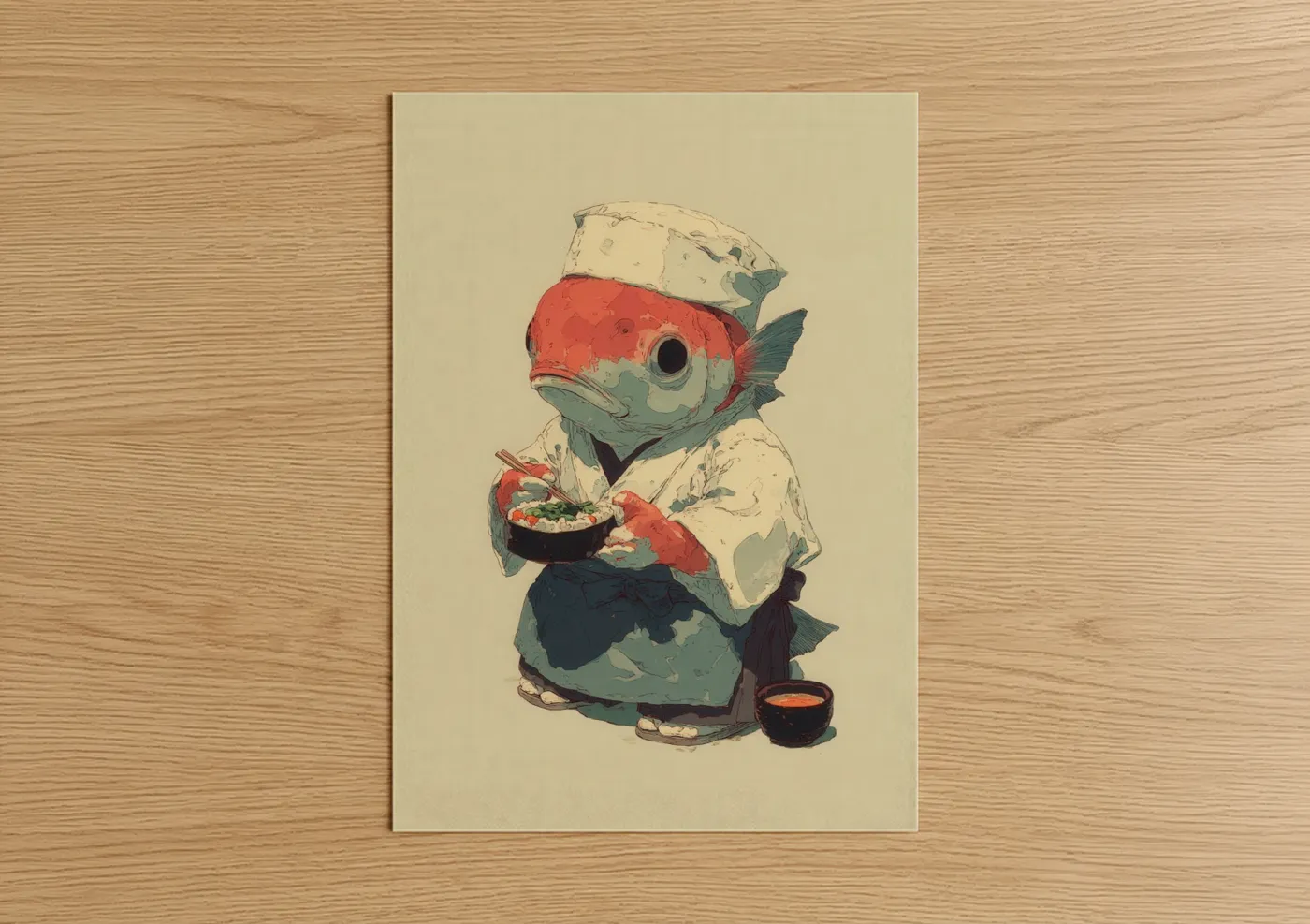 Art print on warm oak wood — cream and red palette — Chef Tuna poster