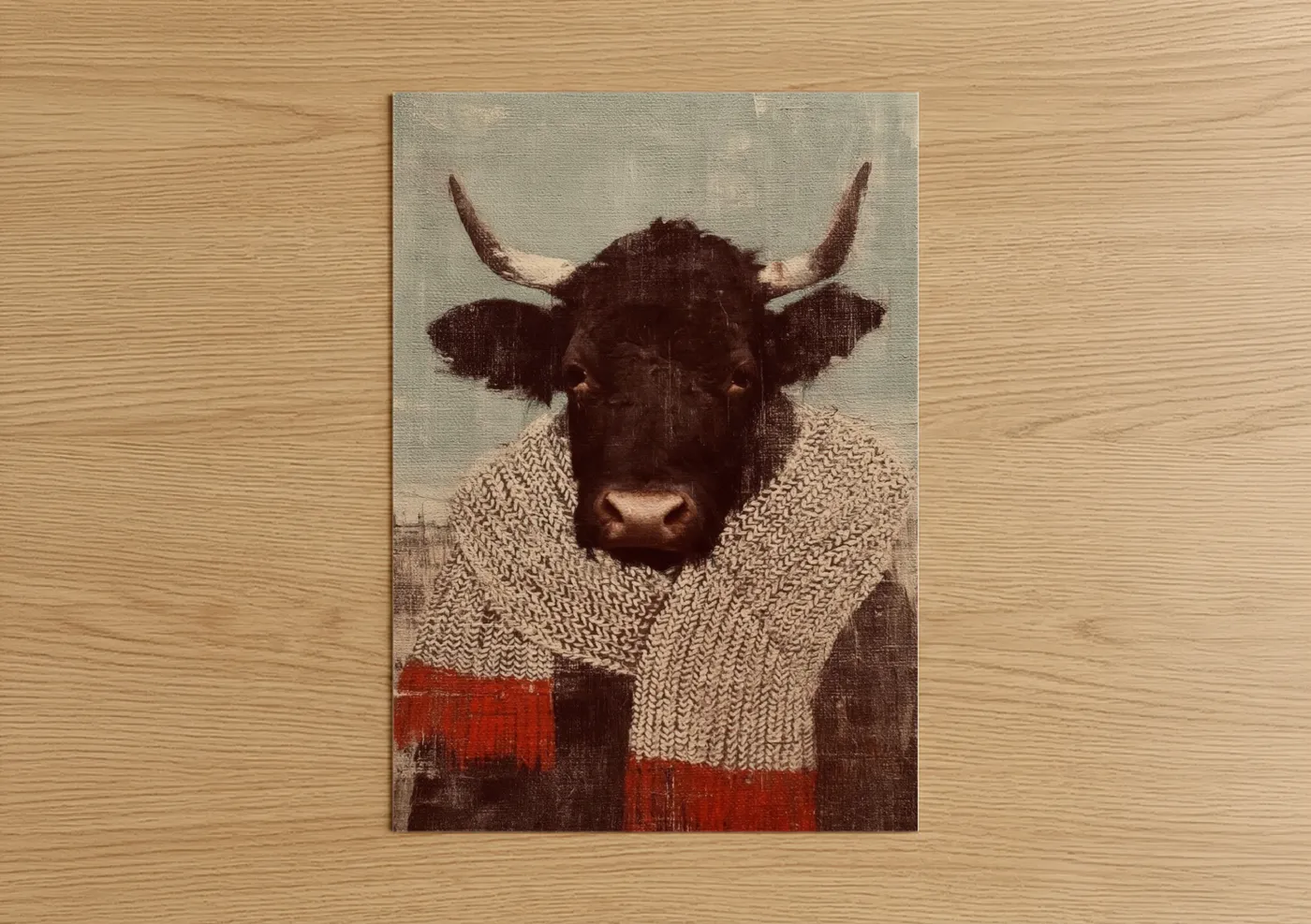 Hereford cow art print on warm oak wood — beige and maroon palette — Cozy Hereford poster