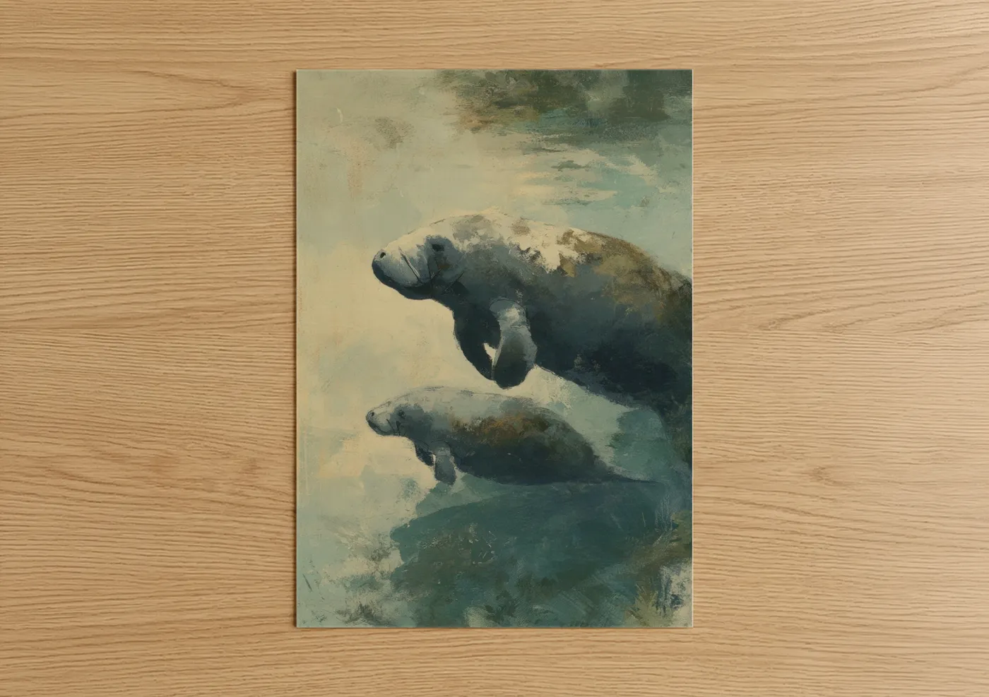 Art print on warm oak wood — teal and cream palette — Gentle Manatees poster