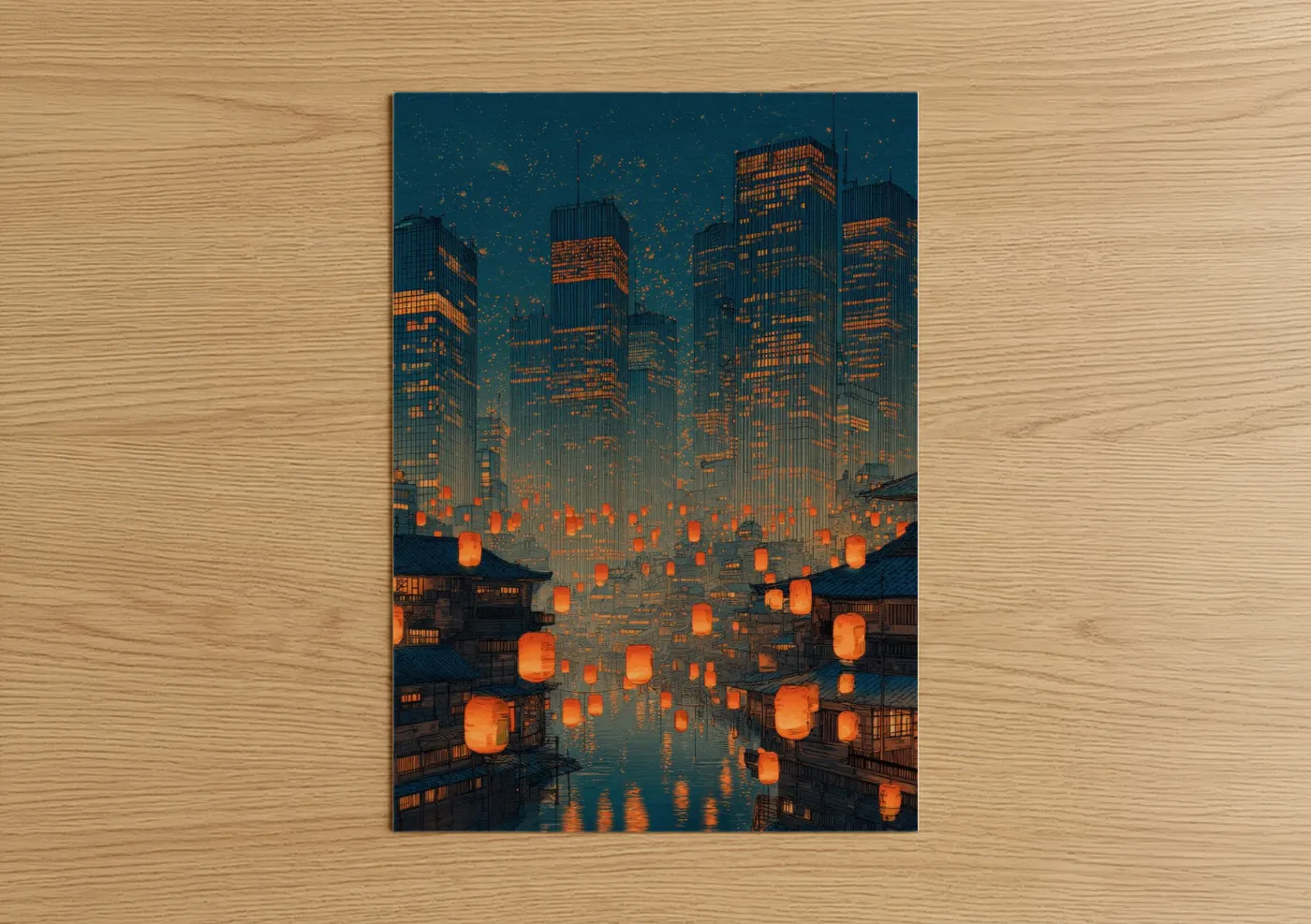 Dreamscape art print on warm oak wood — teal and orange palette — Luminous Urban Dreams poster
