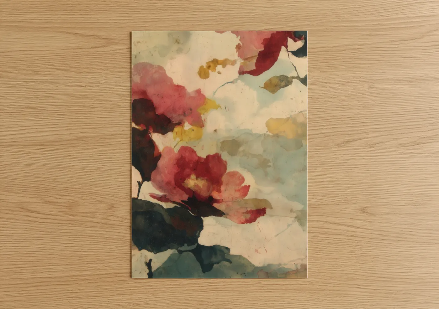 Art print on warm oak wood — cream and maroon palette — Crimson Magnolia poster