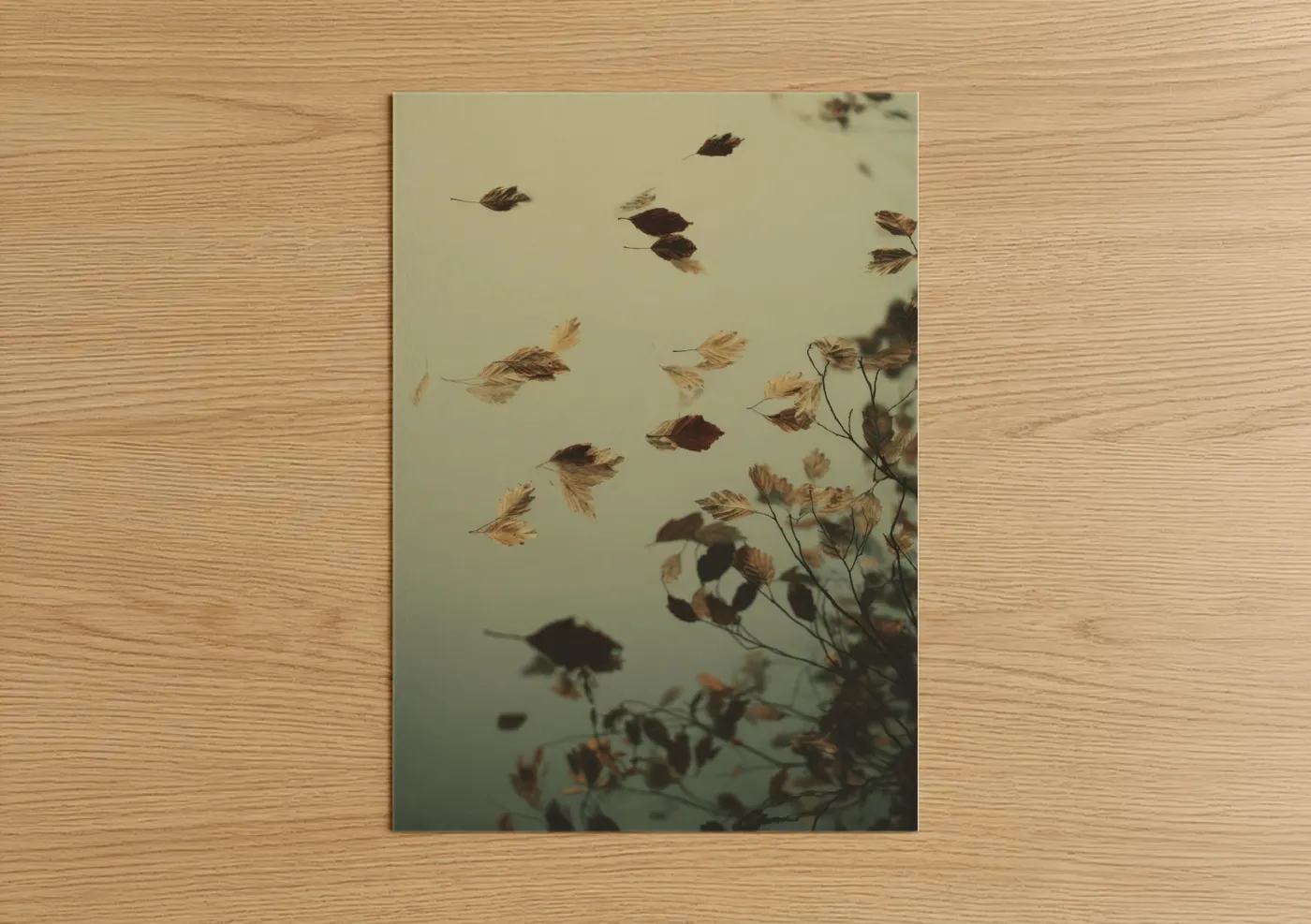 Leaf art print on warm oak wood — cream and brown palette — Falling Leaves poster