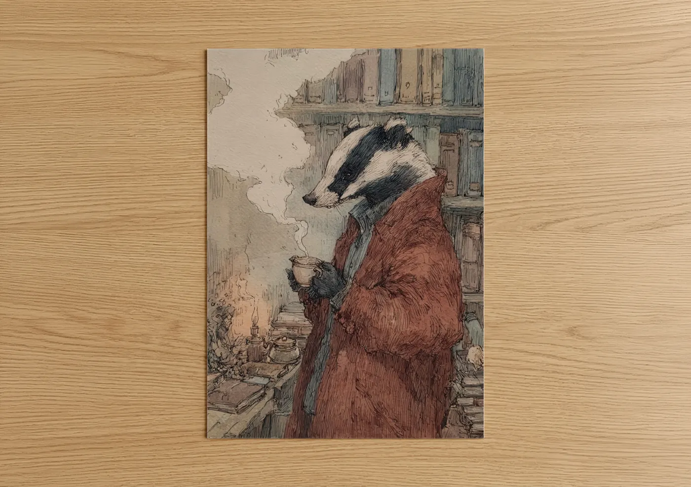 Art print on warm oak wood — russet and cream palette — Cozy Badger poster