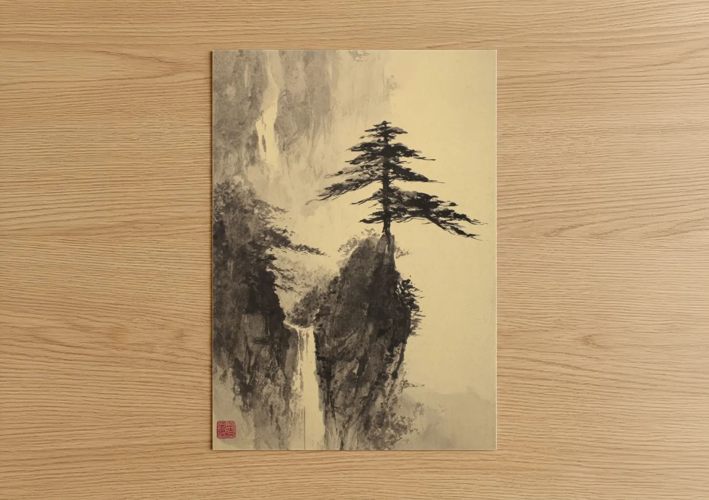 Solitary Cedar Tree Mountain Watercolor Wall Art